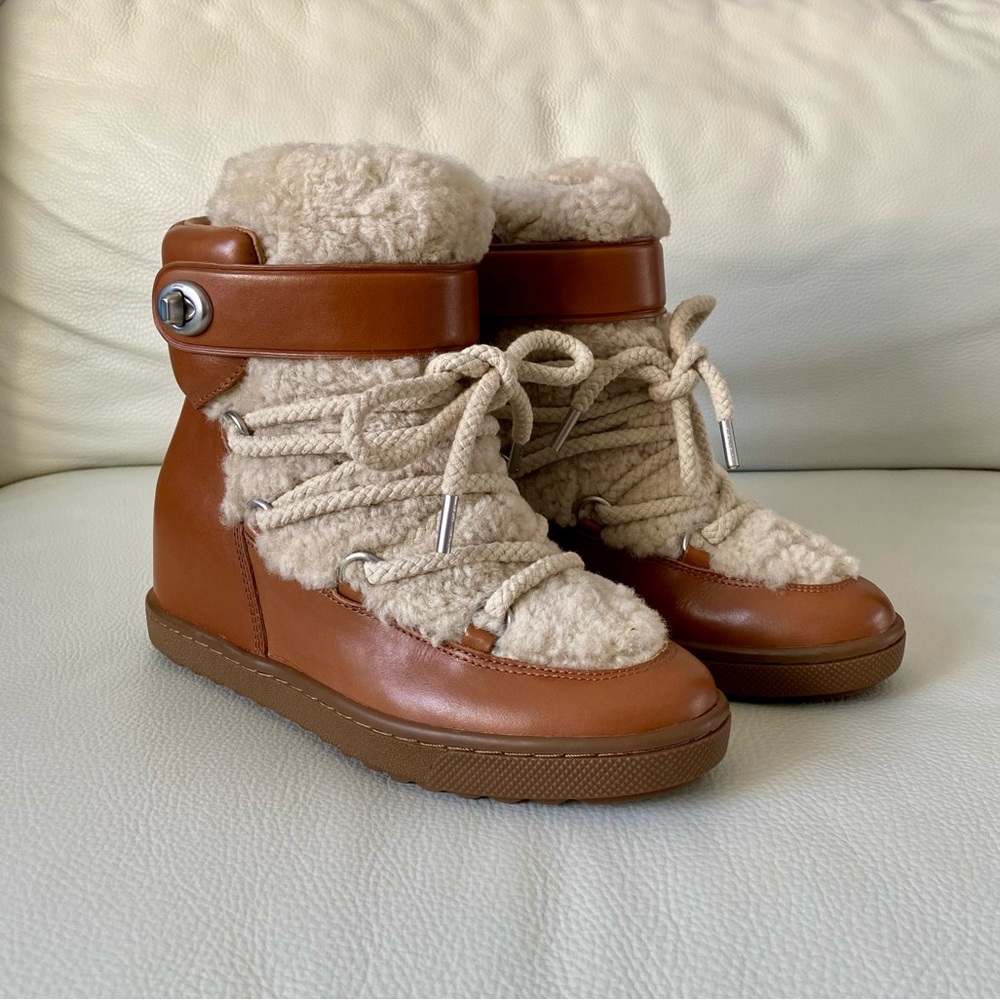 Coach Monroe Shearling Lace Up Wedge Booties, Saddle/Natural